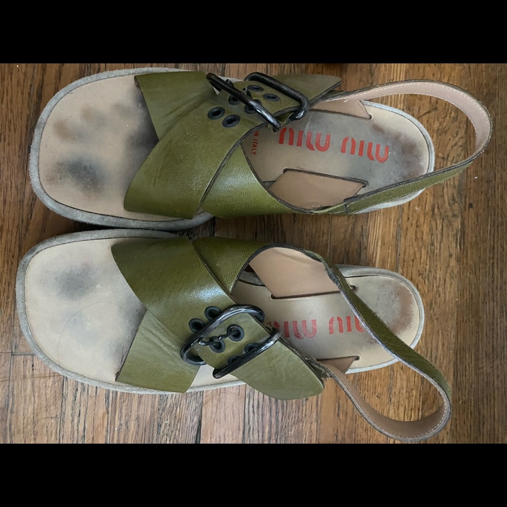 Miu Miu  green leather platform sandals